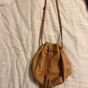 Tan Leather Drawstring Shoulder Bag with Tassel